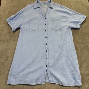 Women's 4XL Light Blue Gauze Button Up Shirt Dress‎ Shein Curve Beach Cover Up